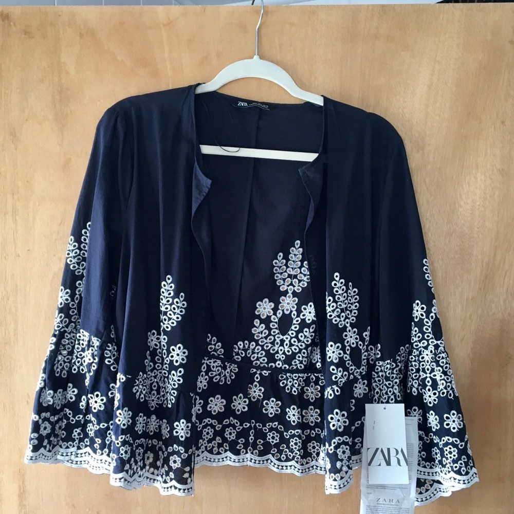 Zara navy eyelet bell sleeve jacket